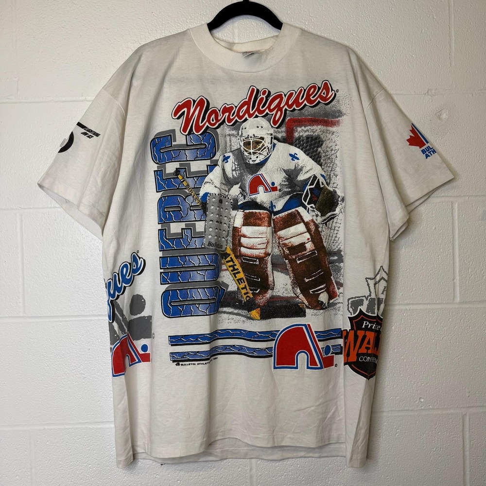 Vintage 90s Quebec Nordiques Goalie AOP T Shirt Sz XL Bulletin Athletic NHL
